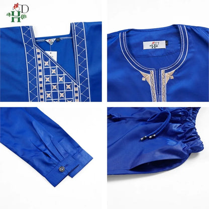 H & d africano crianças roupas tradicionais ancara dashiki para 2-10 anos meninos 3 pçs bordado thobe moda bazin azul kaftan 2025
