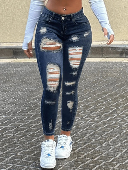 Calça Jeans Skinny Casual Rasgada com Bolsos Laterais e Detalhes Desgastados, Cintura Média, Botões Frontais, Jeans de Alta Elasticidade para Outono