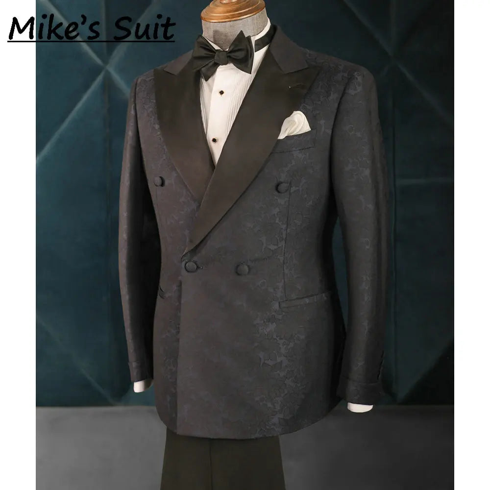 Terno masculino jacquard floral preto, conjunto de 2 peças, jaqueta e calça, smoking para festa, traje para banquete, moda para noivos, casamento.