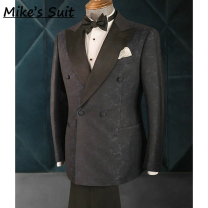 Terno masculino jacquard floral preto, conjunto de 2 peças, jaqueta e calça, smoking para festa, traje para banquete, moda para noivos, casamento.