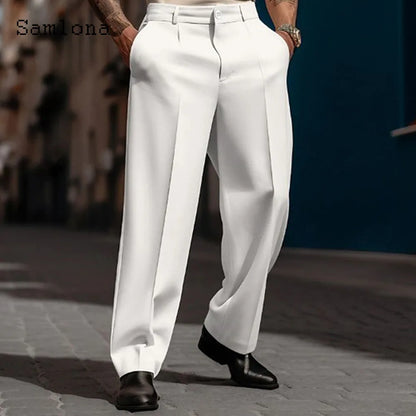 2023 masculino suporte bolso elegante calças de perna larga sólido branco festa de casamento calças plus size moda masculina botões até terno calças