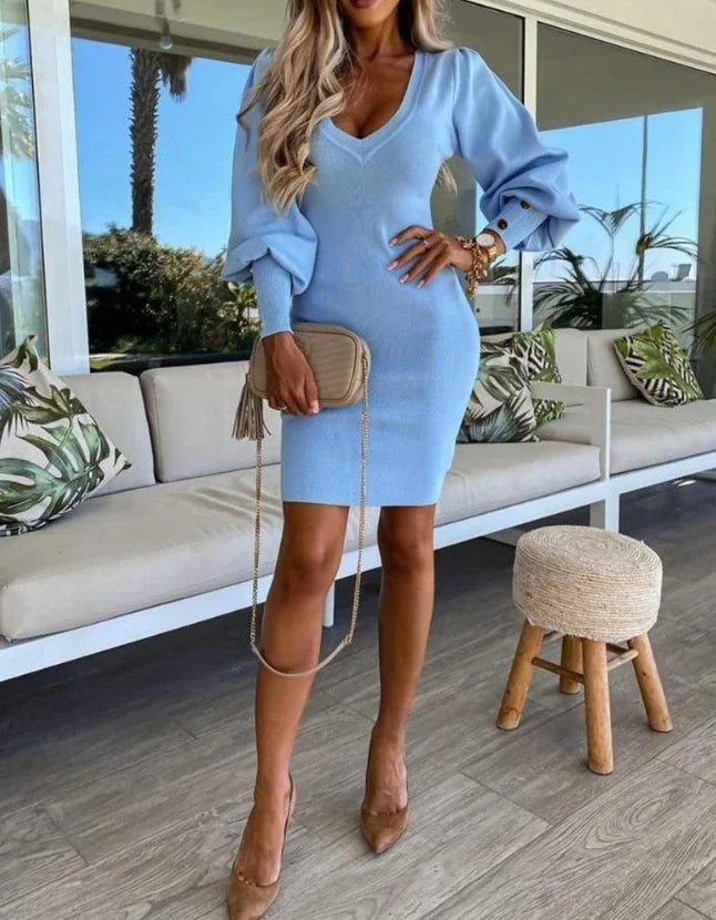 Cpsymym vestidos femininos outono puff gigot manga abotoada casual cor sólida manga longa com decote em v malha bodycon midi vestido