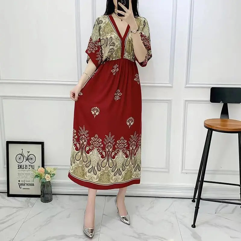 Flor colorida com decote em v elástico jovem boêmio doce midi vestido mulher roupas chique moda vestidos de verão 2025 grande balanço esqui