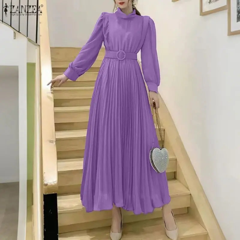 Women's Elegant Chic Maxi Dresses Turtleneck Lantern Sleeves Belted High Waist Pleated Long Dress ZANZEA Korean Style Robe Femme