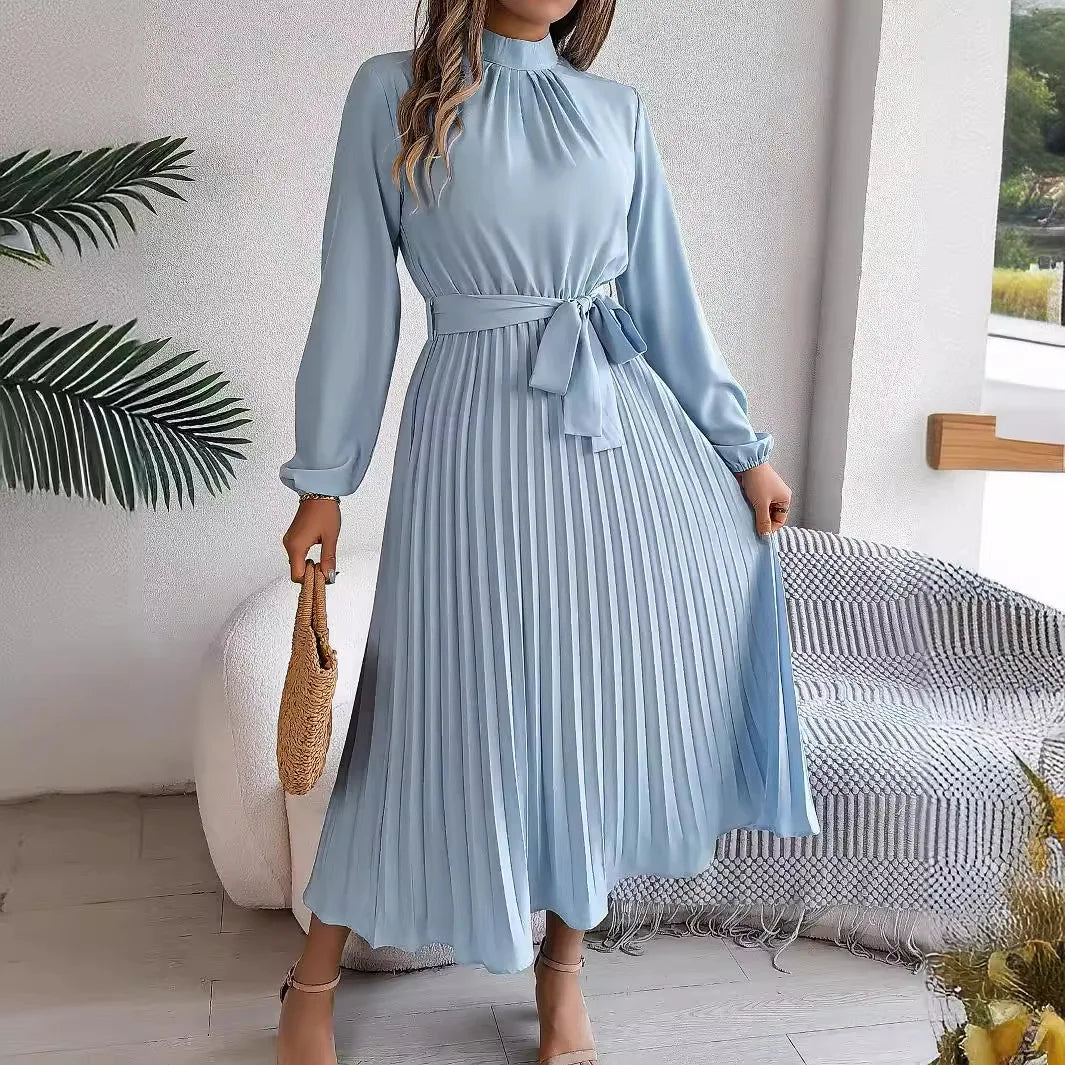Solid Stand up Collar Bridesmaid Dress Spring Summer Casual Elegant Long Sleeve Waist Cinched Pleated Long Dresses for Women
