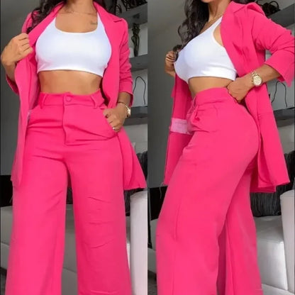 Conjunto de Duas Peças para Mulheres, Moda de Outono, Blazer de Manga Longa com Colarinho e Calças Elegantes com Design de Bolsos