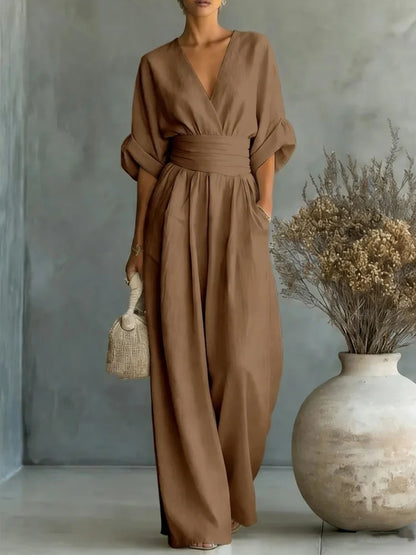 Sexy Deep V Neck Women's Jumpsuits Elegant High Waist Romper Casual Wide Leg Loose Pants Overalls Vacation Outfits MYQ-ZY7723
