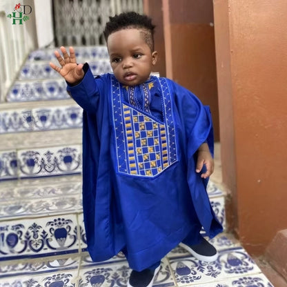 H & d africano crianças roupas tradicionais ancara dashiki para 2-10 anos meninos 3 pçs bordado thobe moda bazin azul kaftan 2025
