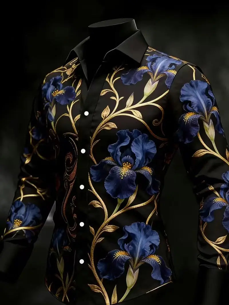 Nova camisa masculina estilosa com estampa 3D de chamas, design casual com botões e manga comprida.