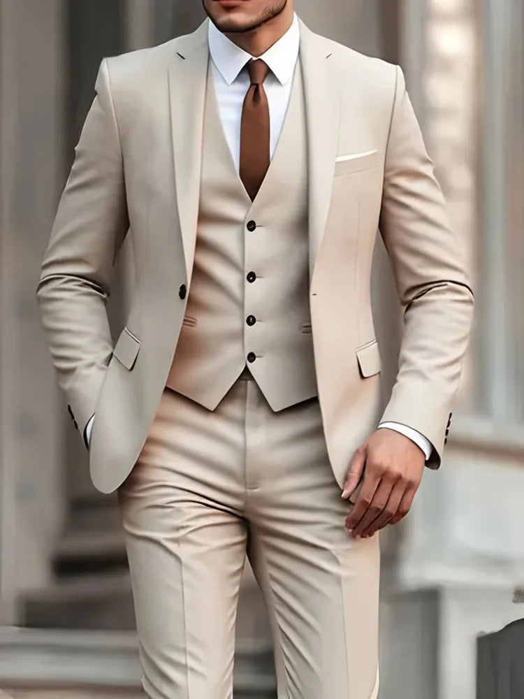Novo terno bege masculino negócios smoking formal 3/2/1 peça vestido único breasted noivo padrinho de formatura festa de casamento