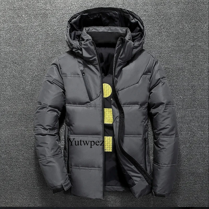 Casaco Casual com Capuz para Exterior, Jaqueta de Plumas Brancas para Homens, Casaco de Inverno Masculino, Impermeável, Capuz Removível, Parkas em Cores Sólidas