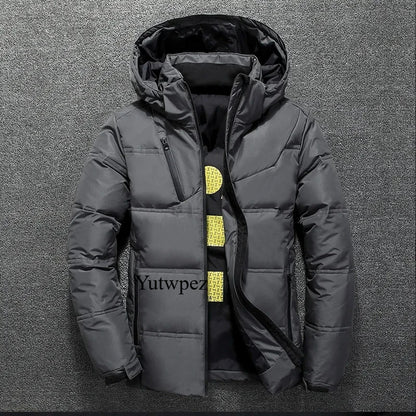 Casaco Casual com Capuz para Exterior, Jaqueta de Plumas Brancas para Homens, Casaco de Inverno Masculino, Impermeável, Capuz Removível, Parkas em Cores Sólidas