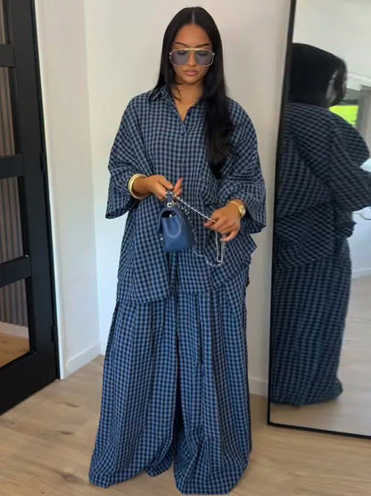 Fashion Solid Long Pants Set Women Chic Lapel Single Breasted Shirt High Waist Wide Leg Trousers 2026 Spring Summer 2 Pcs Outfit