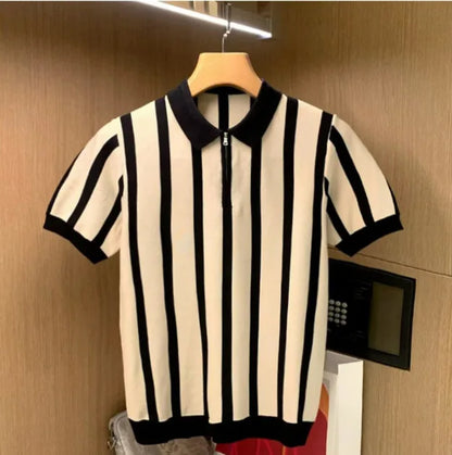 Camisa Polo Masculina de Seda Gelada com Zíper, Manga Curta, Ajuste Slim, Fina de Verão, Malha Fina, Estilo Casual, Padrão Listrado, Lavável à Máquina