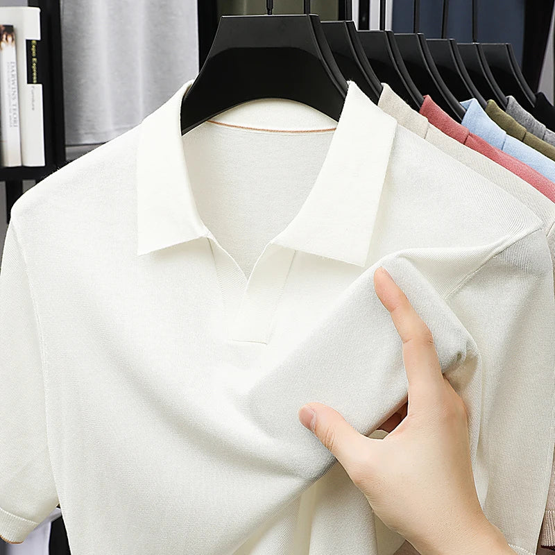 100% Lyocell malhas 2025 homens primavera verão na moda turn down collar malha camisetas manga curta respirável malha topos