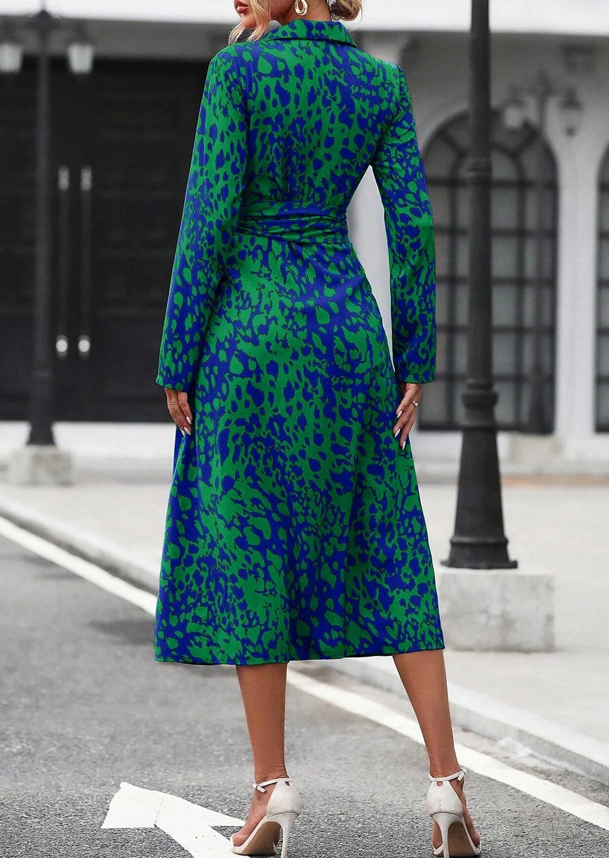 Elegante impressão aleatória botão para baixo camisa vestido feminino manga longa com cinto cintura midi vestido primavera outono escritório vestido casual