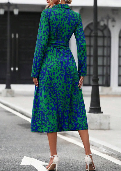 Elegante impressão aleatória botão para baixo camisa vestido feminino manga longa com cinto cintura midi vestido primavera outono escritório vestido casual
