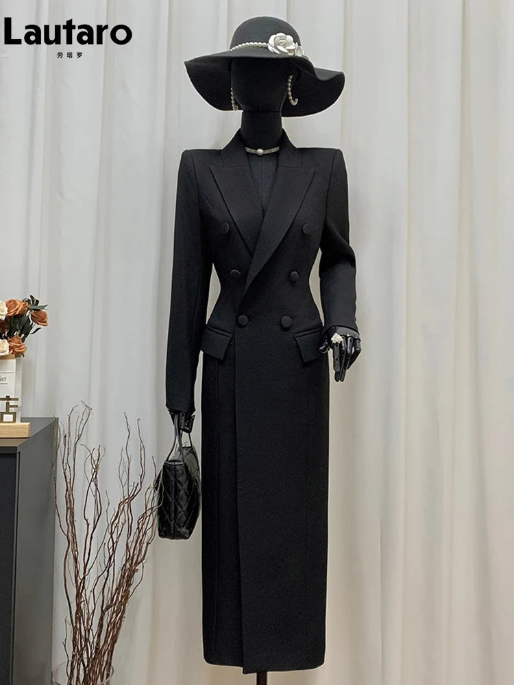 Casaco Blazer Longo Preto Ajustado Lautaro para Primavera/Outono, Elegante, Luxuoso e Chique, com Abotoamento Duplo, Estilo Europeu.