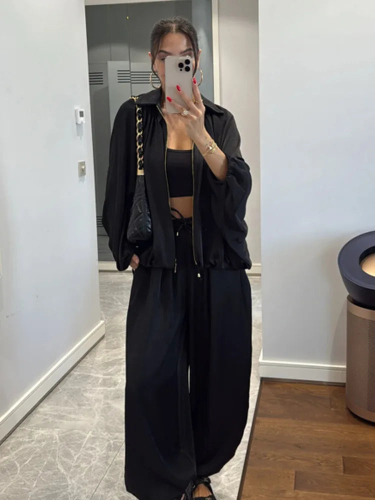 Conjunto Casual Feminino LGRQ de Duas Peças: Jaqueta Cardigã de Manga Longa com Lapela e Calça com Cintura Elástica e Amarração - Coleção Verão 2026 19DB1008