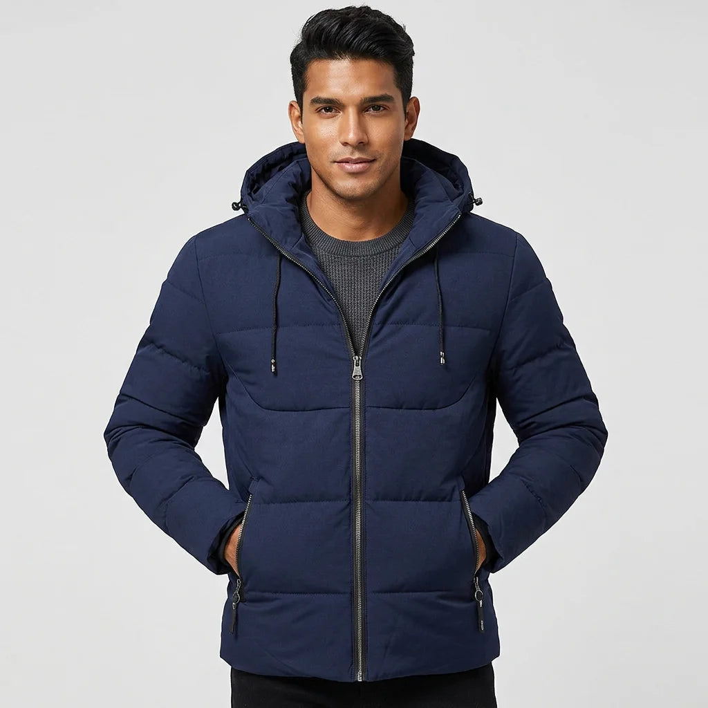 Men's Winter Puffer Hooded Jacket Thick Polyester Filled Zipper Front Logo Casual Style Regular Length Solid Color Windproof