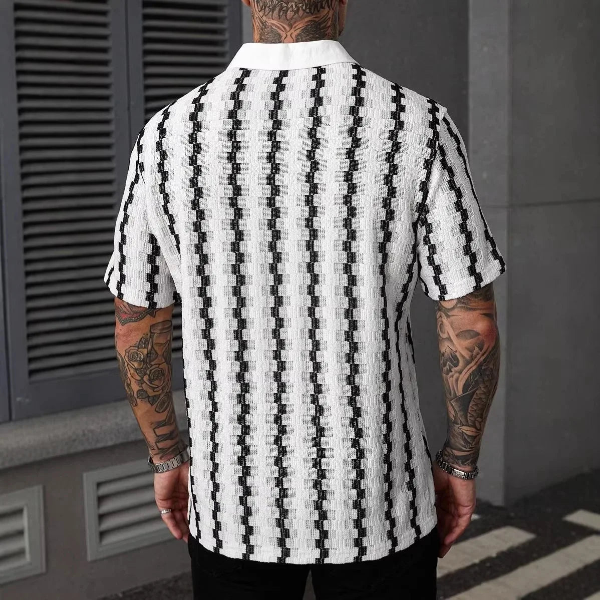 Camisa Clássica de Malha com Listras Xadrez para Homens, Manga Curta, Botão Frontal, Colarinho Tradicional, Estilo Vintage, Ajuste Slim