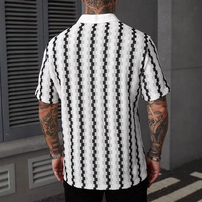 Camisa Clássica de Malha com Listras Xadrez para Homens, Manga Curta, Botão Frontal, Colarinho Tradicional, Estilo Vintage, Ajuste Slim