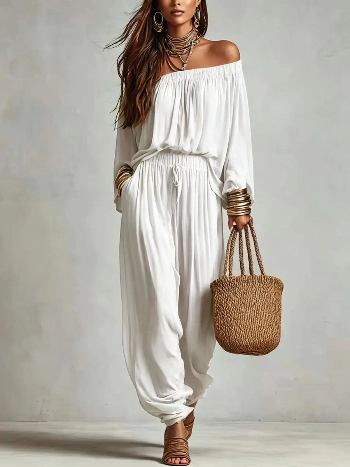 Conjunto Elegante de Duas Peças com Blusa de Manga Longa Off Shoulder e Calças Jogger com Cordão para Mulheres