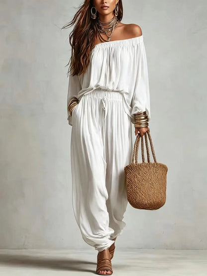 Conjunto Elegante de Duas Peças com Blusa de Manga Longa Off Shoulder e Calças Jogger com Cordão para Mulheres
