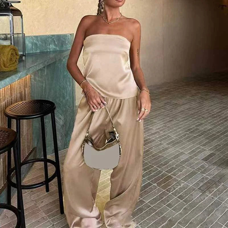 Feminino elegante sem alças solto outfits moda cintura alta cetim sólido 2pc terno sexy fora do ombro sem mangas topos & calça longa conjunto