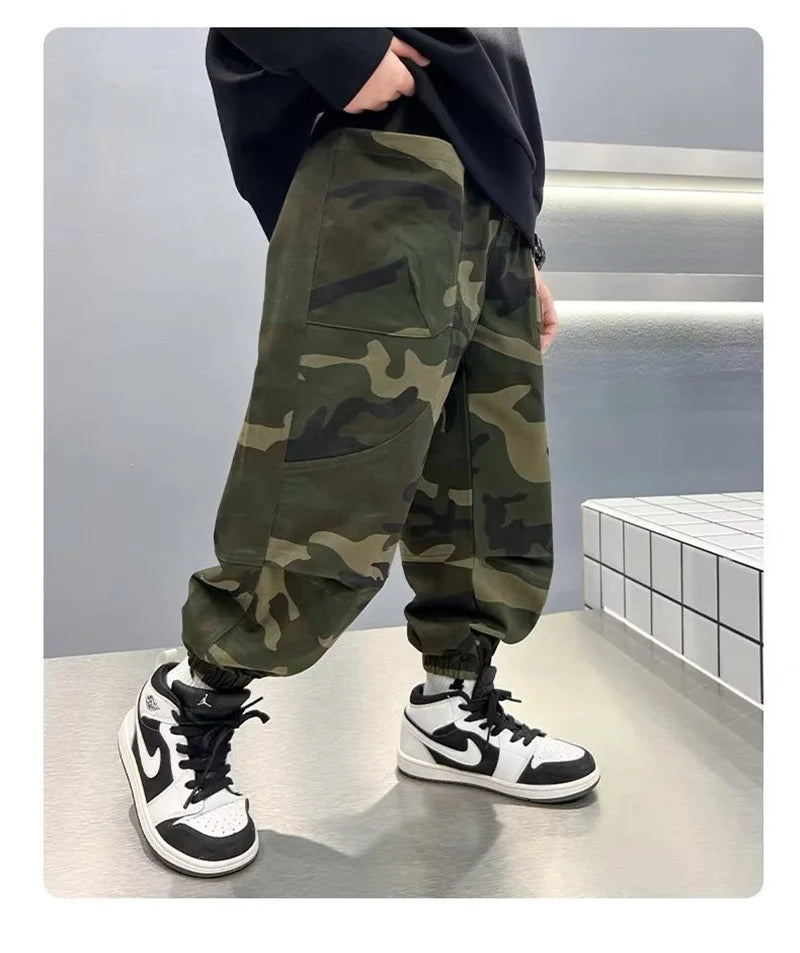 Meninos camuflagem calças de carga outono grandes crianças casuais calças esportivas primavera adolescente joggers crianças streetwear calças largas