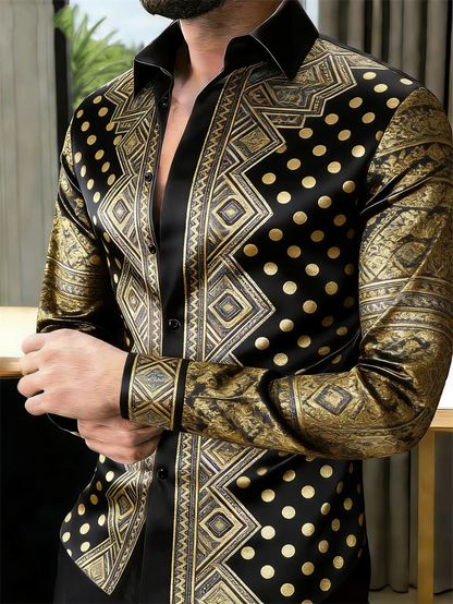 Nova camisa masculina de manga comprida com 11 cores, estampa 3D dourada, padrão de bolinhas moderno, estilo luxuoso.