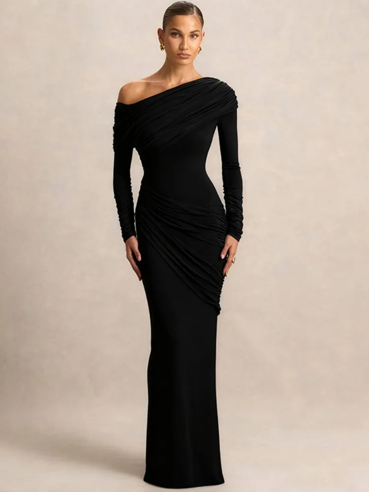 Um ombro manga longa sexy maxi vestido feminino elegante gola inclinada sem costas ruched sólido chique bodycon clube vestidos de festa