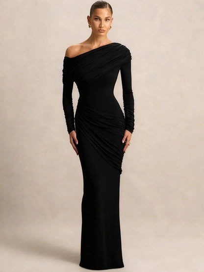 Um ombro manga longa sexy maxi vestido feminino elegante gola inclinada sem costas ruched sólido chique bodycon clube vestidos de festa
