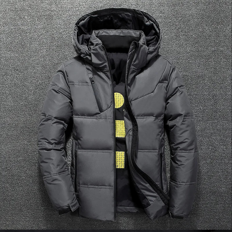Pato branco para baixo jaqueta masculina inverno casaco à prova de vento removível boné parkas cor sólida ao ar livre casual com capuz roupas