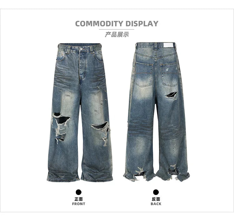 Mijko imagem real jeans desgastado buraco danificado baggy perna larga jeans masculino streetwear casual calças jeans calças de carga