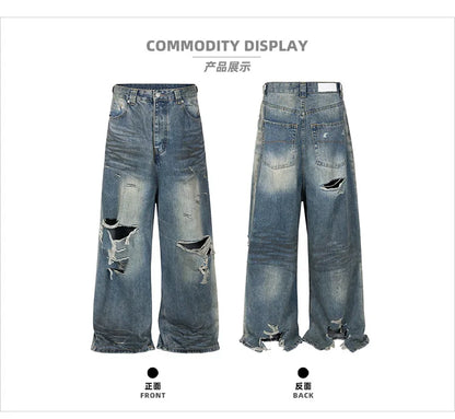 Mijko imagem real jeans desgastado buraco danificado baggy perna larga jeans masculino streetwear casual calças jeans calças de carga