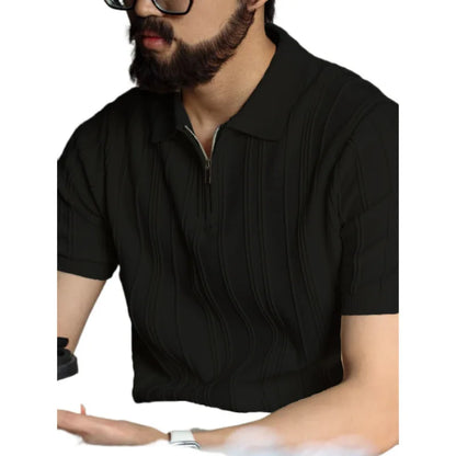 Camisa de Manga Curta Estilo Tricotado Fino de Alta Qualidade com Zíper Masculina Fashion Confortável Casual Solta Coreana que Combina com Tudo