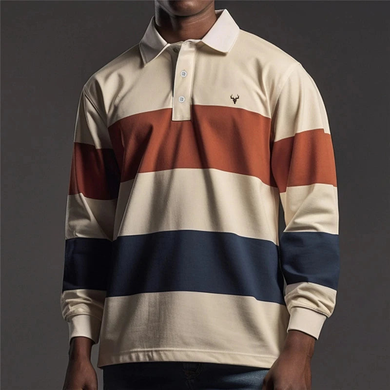 Casual Striped Graphic Polo Shirts For Men Simple Autumn Business 3D Printed Long Sleeve Golf Polo Loose Breathable Lapel Tees