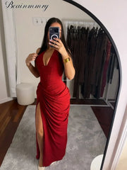 Vestido Maxi Elegante Liso com Decote Halter e Pregas, Decote V Profundo, Sem Mangas, Franzido, com Fenda Alta, para Mulheres,  Vestidos de Festa Noturna