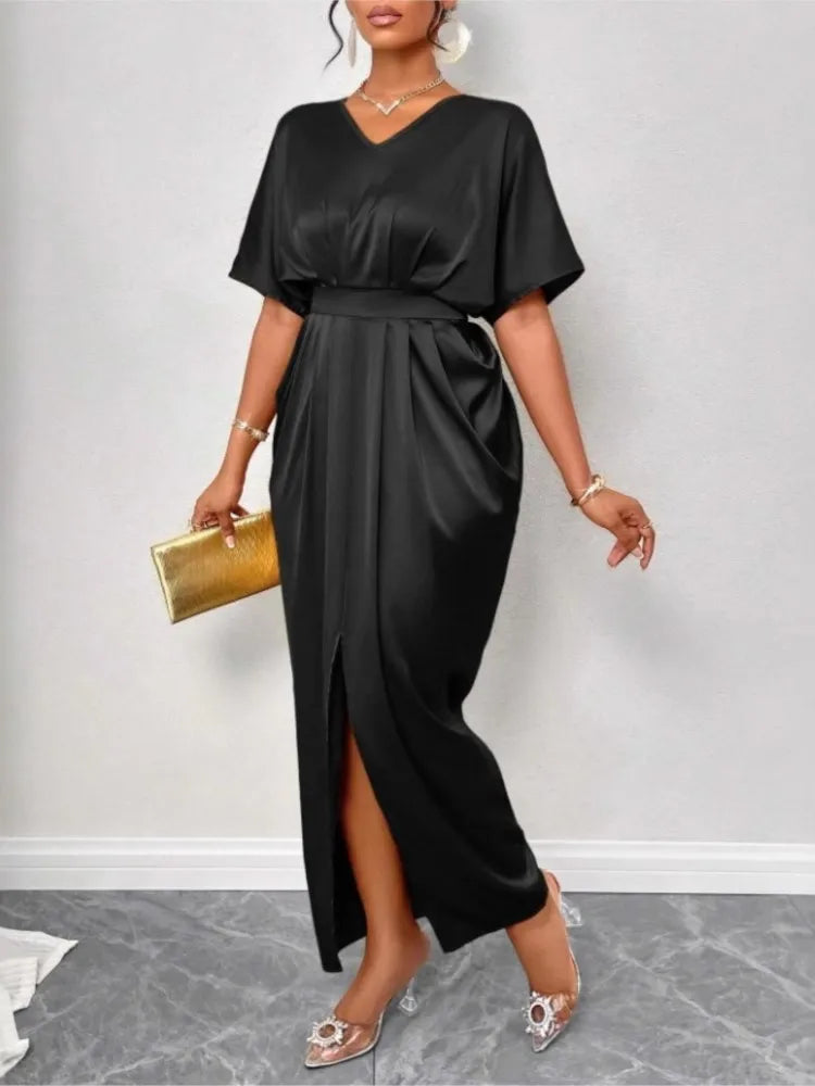 Vestido de verão feminino sólido cetim sexy vestido longo com decote em v manga curta vestido fino casual vestido de festa vestidos um passo vestido dividido