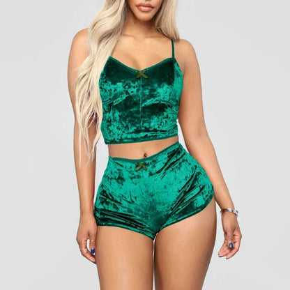Conjunto de pijama de veludo sem mangas feminino, roupa interior confortável com decote em v, blusa e shorts, poliéster Homewear, 2 peças por conjunto