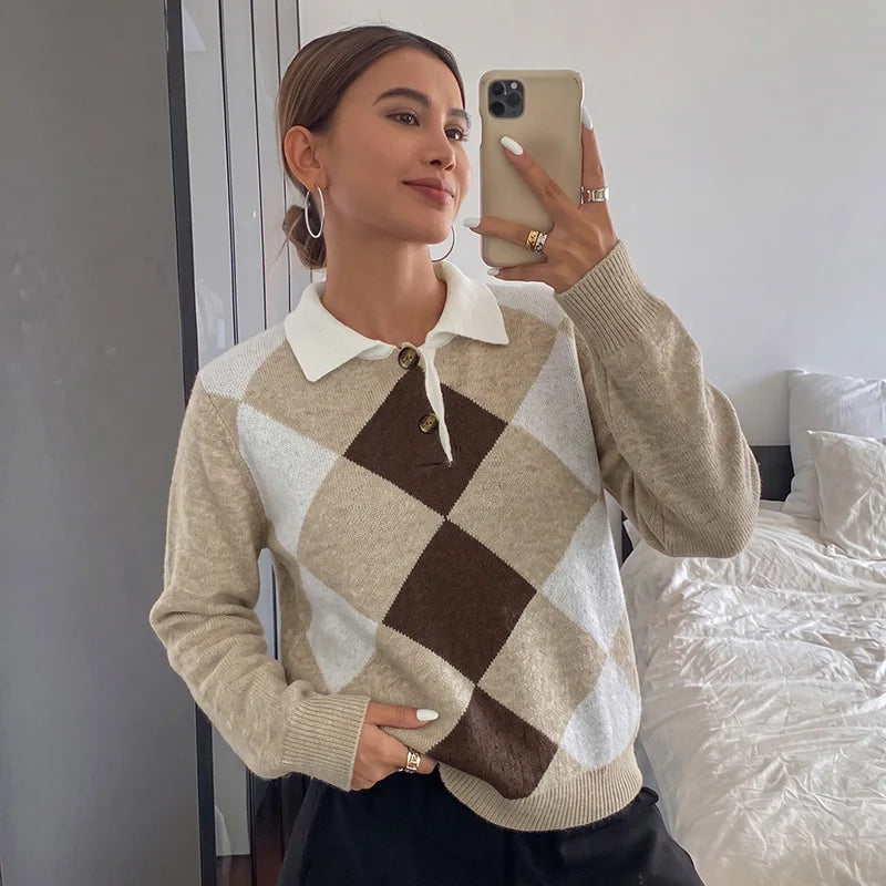 Suéter Feminino Elegante com Gola de Lapela, Jacquard em Losangos, Manga Longa, Estilo Outono, Suave e Delicado.