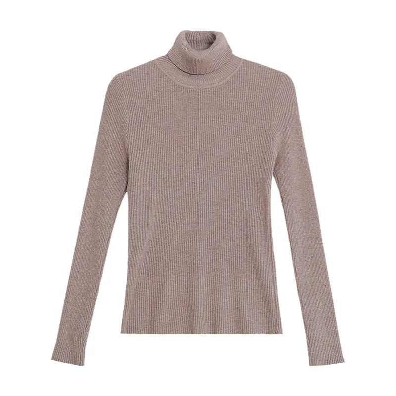 Suéter de Tricô Feminino Plus Size de Gola Alta e Manga Longa, Camiseta de Base para Outono Inverno, Novo Estilo, Confortável, Macio, Cor Pura