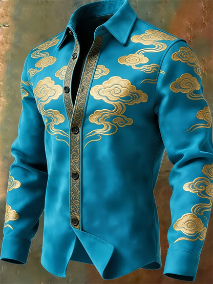 Nova camisa masculina retrô com padrão multicolorido e estampa 3D de nuvens, camisa casual marrom de manga comprida para o dia a dia.