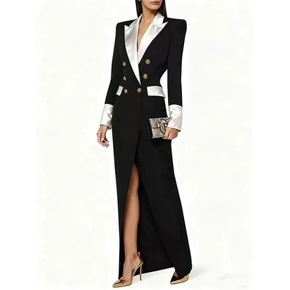Blazer preto feminino de alta qualidade, com lapela de pico e abotoamento duplo, casaco longo da moda, peça única, luxuoso, estilo Dubai.