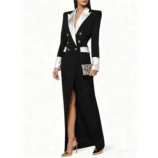Blazer preto feminino de alta qualidade, com lapela de pico e abotoamento duplo, casaco longo da moda, peça única, luxuoso, estilo Dubai 2026.