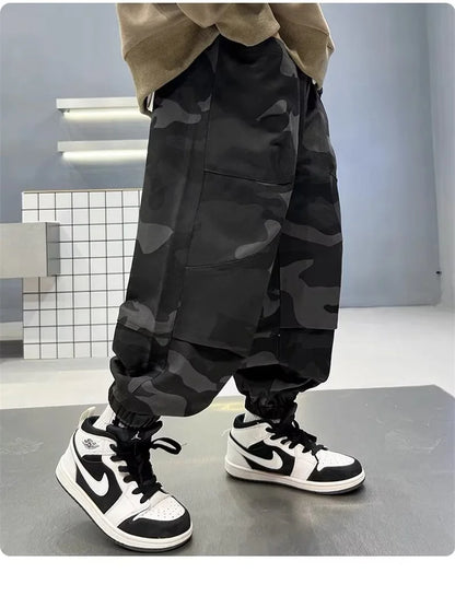 Meninos camuflagem calças de carga outono grandes crianças casuais calças esportivas primavera adolescente joggers crianças streetwear calças largas