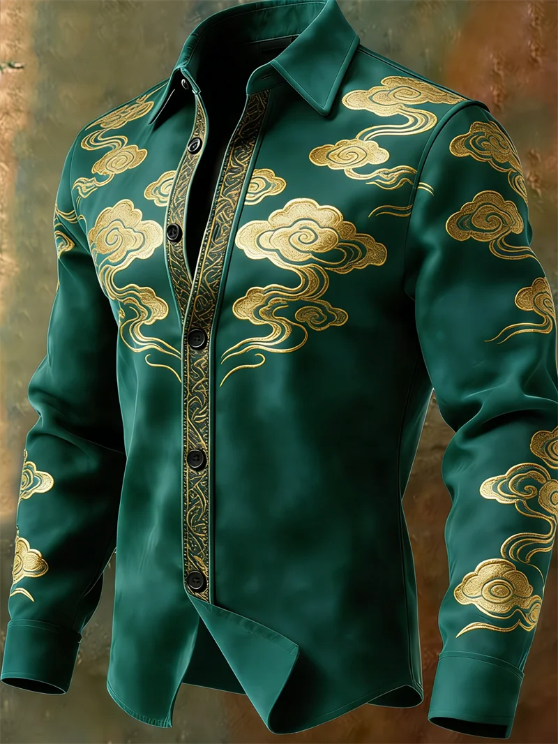 Nova camisa masculina retrô com padrão multicolorido e estampa 3D de nuvens, camisa casual marrom de manga comprida para o dia a dia.