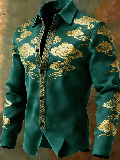 Nova camisa masculina retrô com padrão multicolorido e estampa 3D de nuvens, camisa casual marrom de manga comprida para o dia a dia.