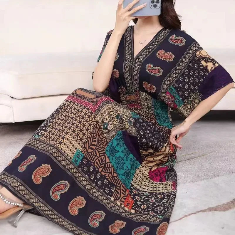 Flor colorida com decote em v elástico jovem boêmio doce midi vestido mulher roupas chique moda vestidos de verão 2025 grande balanço esqui
